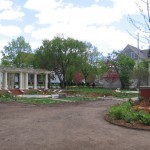 fountain, landscape, plants, flowers